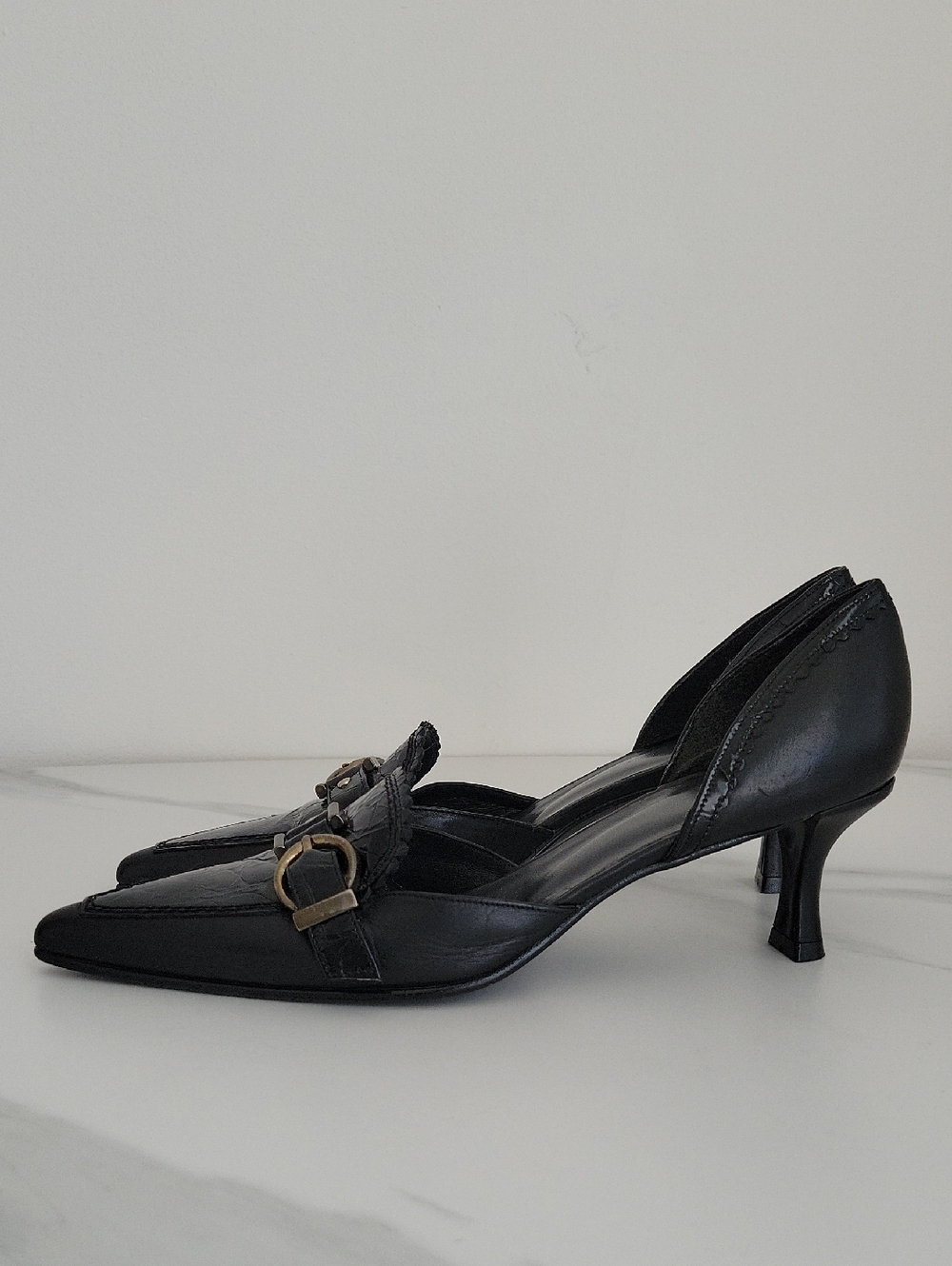 Stuart Weitzman Black Leather Pointed-Toe D'Orsay Heels with Buckle Detail